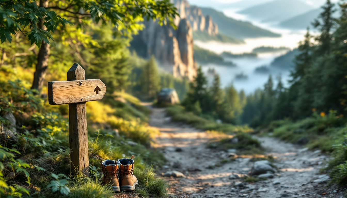 Schönste Wanderwege Deutschland für Anfänger: markierter Waldweg mit Wegweiser und Wanderausrüstung