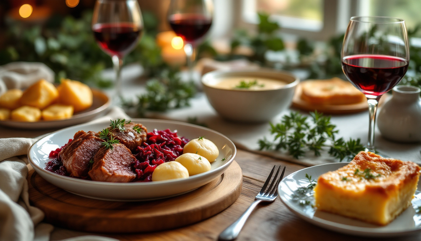 Typisch deutsches Essen für Gäste kochen: gedeckter Tisch mit Rouladen, Knödeln und Apfelstrudel