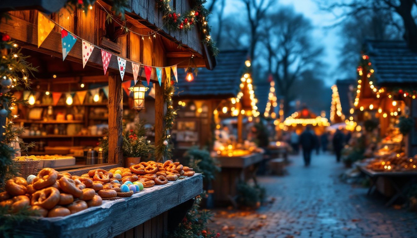 Collage typischer deutscher Feste und Traditionen im Jahr mit Marktständen, Osterbrunnen und Weihnachtsmarkt